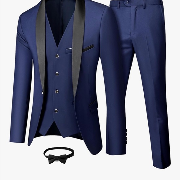 Men's Navy Blue Suit with Black Lapel - Picture 1 of 16